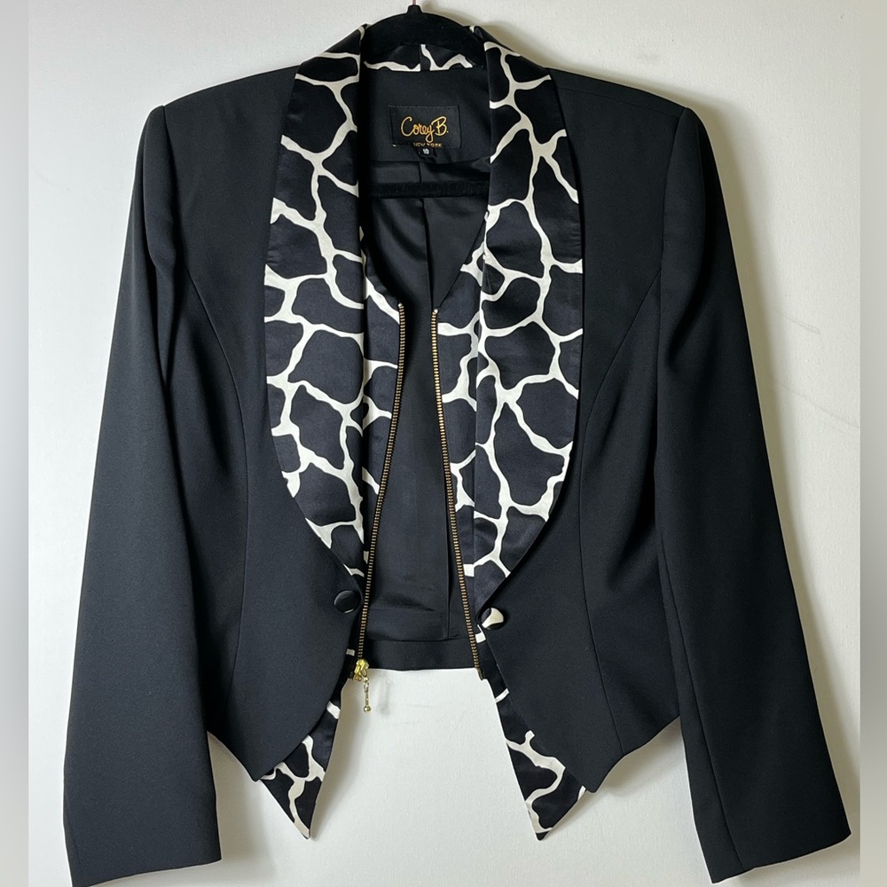 Cory B New York Black and White Print Zip Blazer Jacket Size 10 Silk Trim